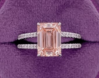 2.5 Carat Fancy Vivid Pink  VVS2 Clarity IGI Certified Emerald Cut Lab Grown Diamond Split Shank Hidden Halo Engagement Ring 18k White Gold