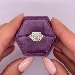 5 Carat IGI Certified E/VVS2 Asscher Cut Three Stone Lab Created Diamond Engagement Ring , Side Trillion Cuts, 18k White Gold