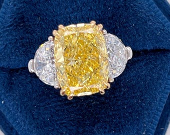 ONE Of A KIND 9.55 Carat Total Fancy Vivid Yellow VVS2 Cushion Cut Lab Grown Diamond Three Stone Engagement Ring Half Moon 18k Two Tone Gold