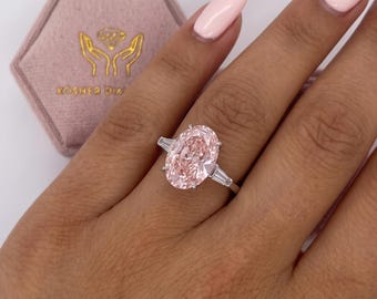 11 Carat IGI Certified Vivid Pink Color VVS2 Clarity Oval Cut Lab Diamond Three Stone Engagement Ring Side Baguettes 18k White Gold