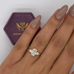 1.3 Carat IGI Certified F/VS1 Oval Cut Lab Created Three Stone Diamond Engagement Ring, Pear Cut Side Diamonds, 14k Yellow Gold