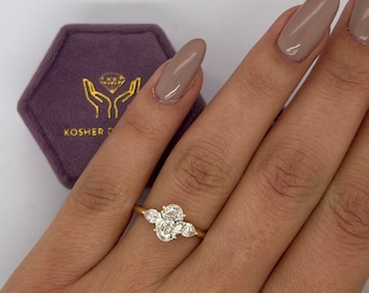 1.3 Carat IGI Certified D/VVS2 Oval Cut Lab Created Three Stone Diamond Engagement Ring, Pear Cut Side Diamonds, 14k Yellow Gold
