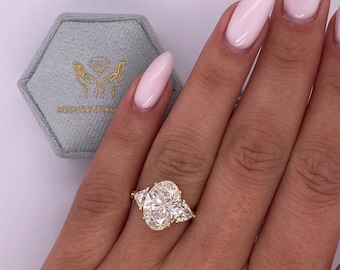 5 Carat E Color VVS2 Clarity IGI Certified Oval Cut Lab Grown Three Stone Diamond Engagement Ring, Trillion Side Diamonds, 14k Yellow Gold