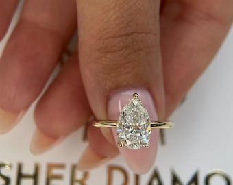 2 Carat D color VVS2 Clarity Pear Cut Diamond Solitaire Engagement Ring, Lab Diamond Engagement Wedding Ring, Lab Diamond Ring, 14k Gold