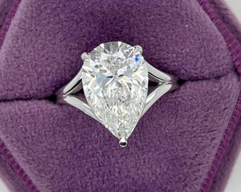 CLOSEOUT SALE 4.02 Carat F Color VVS2 Clarity IGI Certified Pear Cut Lab Grown Diamond Solitaire Split Shank Engagement Ring 14k White Gold