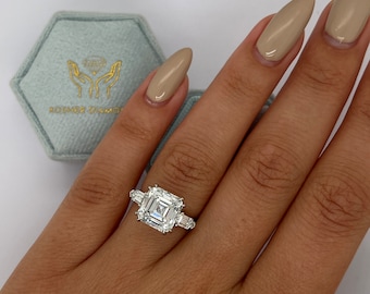5.5 carat E/VVS2 IGI Certified Asscher Cut Three Stone Lab Diamond Engagement Ring, Side Bullet Cut Diamonds , 18k White Gold