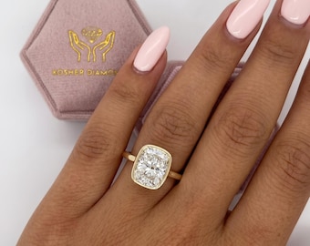 Bezel Set Tulip Style 3 Carat D Color VVS2 Clarity IGI CERTIFIED Elongated Cushion Cut Lab Grown Diamond Solitaire Engagement Ring 14k Gold