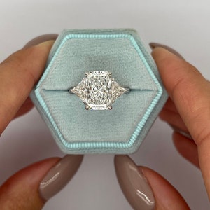 6 Carat E Color VVS2 Clarity IGI CERTIFIED Radiant Cut Three Stone Lab Grown Diamond Engagement Ring,  Side Trillion Cuts 18k White Gold