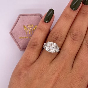 5 Carat F/VVS2 IGI Certified Cushion Cut Lab Grown Diamond Three Stone Engagement Ring Half Moon Side Diamonds , 18k White Gold