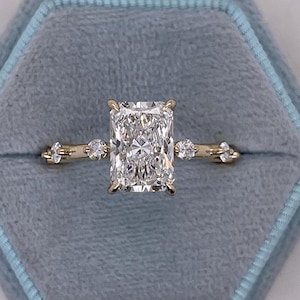 2.75 Carat E color VVS2 Clarity IGI CERTIFIED Elongated Radiant Cut Lab Grown Dainty Thin Diamond Engagement Ring, Spaced out Side Diamonds