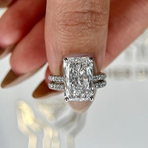 4.75 ctw IGI CERTIFIED E color VVS2 Clarity Elongated Radiant Cut Lab Grown Diamond Engagement Ring Set Matching Diamond Band 14k White Gold