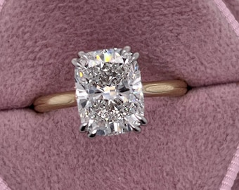 Two Tone Double Prong 3.2 Carat D/VVS2 Elongated Cushion Cut IGI Certified Lab Grown Diamond Solitaire Hidden Halo Engagement Ring 14k Gold