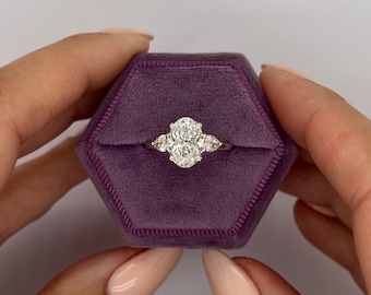 2.5 Carat Rare D Color VVS2 Clarity IGI Certified Oval Cut Lab Grown Three Stone Diamond Engagement Ring, Side Pear Diamonds, 14k White Gold
