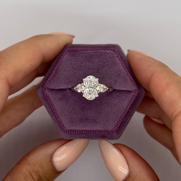 IGI CERTIFIED 2 Carat E/VVS2 Oval Cut Lab Diamond Engagement Ring, Three Stone Diamond Engagement Ring, Side Pear Diamonds, 14k White Gold