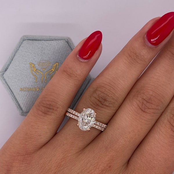 Anello di fidanzamento con solitario nascosto Halo, certificato IGI, taglio ovale, da 2 carati, E/VVS2, con fascia di diamanti rotonda abbinata, in oro 14 kt.