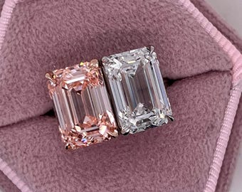 RAREST 10.06 carat Total Vivid Pink/VVS2 and D/VVS2 Emerald Cut Lab Grown Diamond Me & You Two Stone Ring 14k Rose/White Gold IGI Certified