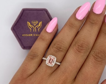 1.30 Carat Total Fancy Vivid Pink Color VVS2 Clarity IGI Certified Emerald Cut Lab Grown Diamond Halo Engagement Ring 18k White Gold