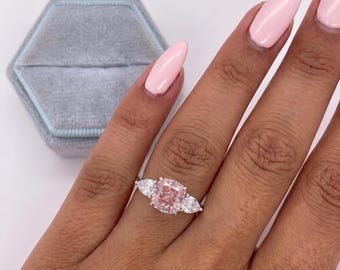 2.58 Carat Vivid Pink Color VVS2 Clarity IGI Certified Cushion Cut Lab Grown Three Stone Diamond Engagement Ring 18k White Gold
