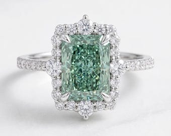 NEW COLLECTION Fancy Vivid Green Rare Color VVS2 3.58 Carat Total IGI Certified Radiant Cut Lab Grown Diamond Halo Engagement Ring 14k Gold