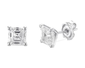 D color VVS1 Clarity 2 Carat Total Weight Asscher Cut Lab Grown Diamond Stud Earrings , 14k White Gold Pushback Posts, Perfect Match Gift