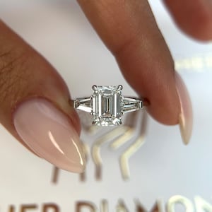 2.5 Carat E/VVS2 IGI Certified Emerald Cut Three Stone Lab Grown Diamond Engagement Ring Big Side Tapered Baguettes 14k White Gold Ring