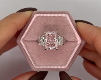 VVS1 Clarity Fancy Vivid Pink Color 3.5 Carat Radiant Cut Three Stone Lab Grown Diamond Engagement Ring Side Trapezoids 18k White Gold