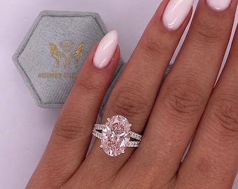 5.50 Carat Vivid Pink Color VVS2 Clarity IGI Certified Oval Cut Lab Grown Diamond Split Shank Engagement Ring 18k White Gold