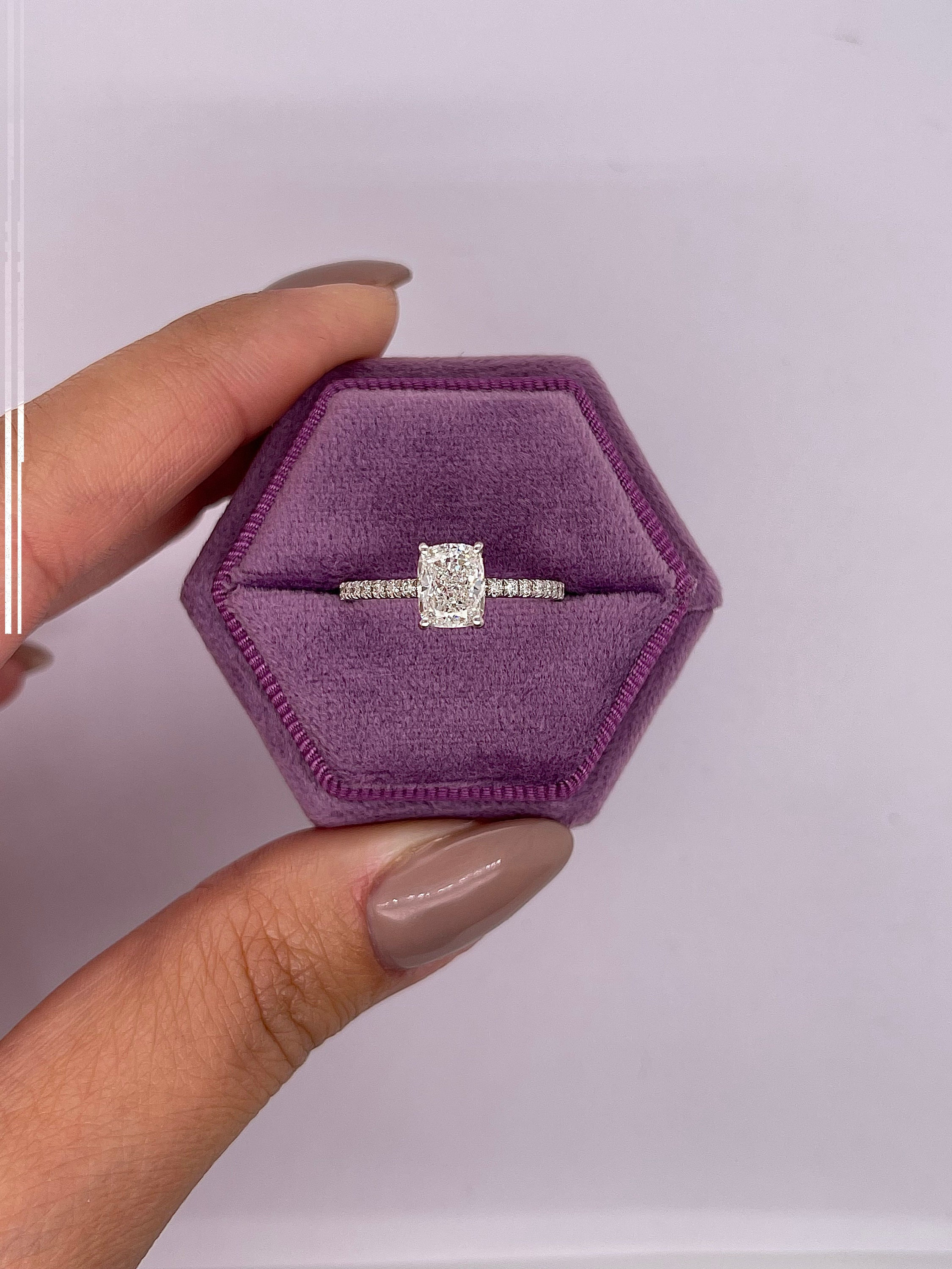 1.25 Carat D Color VVS2 Clarity Cushion Cut Solitaire Hidden Halo Solitaire Diamond Engagement Ring, Side Round Side Diamonds 14k White Gold