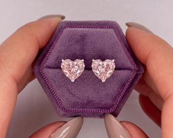 RARE 2.03 Carat Total Weight IGI CERTIFIED Vivid Pink color VVS2 Clarity Heart Cut Lab Grown Diamond Stud Earrings  14k White Gold Pushback