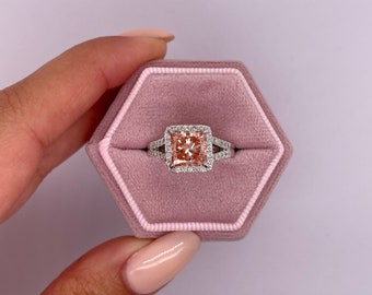 2.5 Carat Fancy Vivid Pink Color IGI Certified VS1 Clarity Princess Cut Lab Grown Split Shank Halo Diamond Engagement Ring 18k White Gold