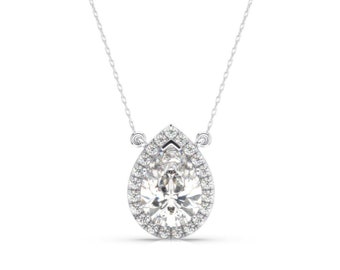 1.65 Carat E/VS1 Pear Shape Lab Grown Diamond Halo Pendant with Chain, Pear Diamond Halo Necklace 14k White Gold with Chain IGI CERTIFIED