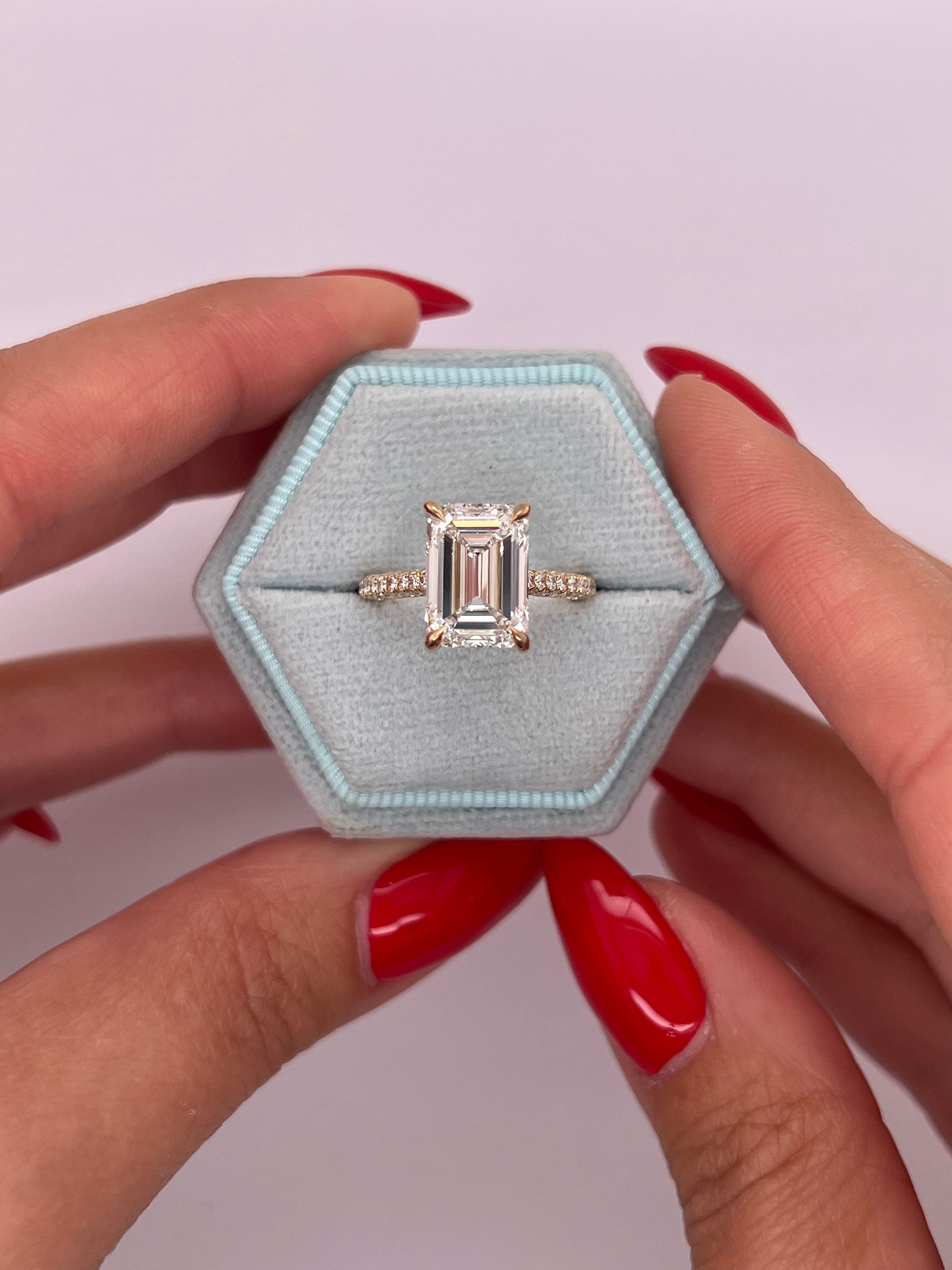 New Design 4.75 carat E/VVS2 IGI Certified Emerald Cut Lab Created Diamond Engagement Ring with Hidden Halo & 3 Rows of Side Diamonds