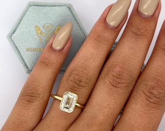 2 Carat D Color VVS2 Clarity IGI CERTIFIED Emerald Cut Lab Grown Diamond Bezel Set Solitaire Engagement Ring 14k Yellow Gold