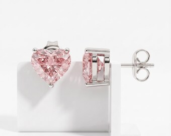 2 Carat Total Weight Fancy Vivid Pink Color VVS2 Clarity IGI CERTIFIED  Heart Cut Lab Grown Diamond Stud Earrings 14k White Gold Pushbackx