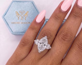 12 Carat Total F Color VVS2 Clarity IGI Certified Cut Marquise Lab Grown Three Stone Diamond Engagement Ring Side Heart Cuts 18k White Gold
