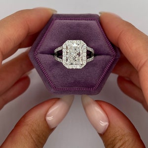 4.75 carat D Color VVS2 Clarity IGI CERTIFIED Elongated Rectangular Radiant Cut Lab Grown Diamond Halo Split Shank Engagement Ring 18k Gold