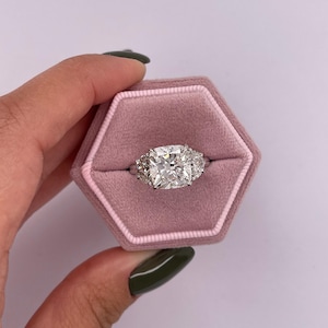 5 Carat E/VVS2 IGI Certified Cushion Cut Lab Grown Diamond Three Stone Engagement Ring Half Moon Side Diamonds , 18k White Gold