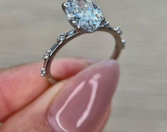 Oval Lab Grown Diamond Engagement Ring Thin Dainty 14k Gold D VVS1