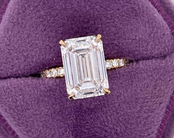 CLOSEOUT SALE 4.34 carat D Color VVS2 Clarity IGI Certified Emerald Cut Lab Grown Diamond Hidden Halo Engagement Ring 18k Yellow Gold