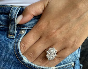 3.9 Carat E Color VVS2 Clarity IGI Certified Elongated Radiant Cut Lab Grown Diamond Halo Engagement Ring Side Round 18k White Gold