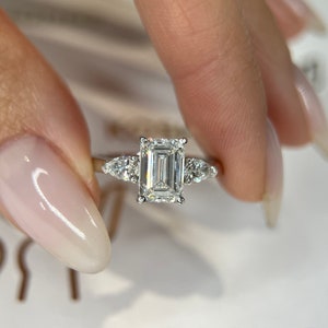 2 Carat D/VVS2 IGI Certified Emerald Cut Lab Grown Diamond Engagement Ring, Three Stone Ring Side Pear Shape Diamonds , 14k White Gold Ring