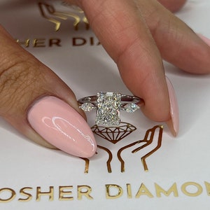 1.65 carat D Color VVS2 Clarity IGI CERTIFIED Elongated Radiant Cut Lab Grown Diamond Three Stone Engagement Ring. Side Marquise Diamonds