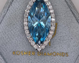 8.70 Carat Fancy Vivid Blue Color VVS2 Clarity IGI Certified Marquise Cut Lab Grown Diamond Halo Pendant with 14k White Gold Chain