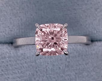 2.18 carat Vivid Pink VVS2 Clarity Square Cushion Cut Lab Grown Diamond IGI Certified Solitaire Hidden Halo Engagement Ring 18k White Gold