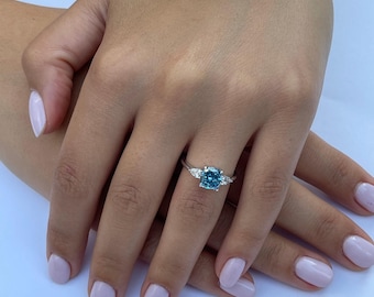 2 Carat Fancy Vivid Blue Color VVS2 Clarity  Lab Grown Diamond Three Stone Cushion Cut Engagement Ring Pear Cut Side Diamonds 14k White Gold