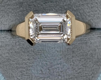 3 Carat EAST-WEST IGI Certified D Color VVS2 Clarity Emerald Lab Grown Floating Diamond Half Bezel Set Solitaire Engagement Ring 14k Gold