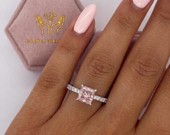 2.25 Carat IGI Certified Fancy Vivid Pink Color VS1 Clarity Princess Cut Lab Grown Diamond Hidden Halo Engagement Ring 18k White Gold
