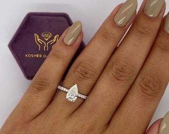 INTERNALLY FLAWLESS 1.40 Carat D Color IGI Certified Pear Shape Lab Grown Diamond Hidden Halo Engagement Ring,Side Round Diamonds, 14k Gold