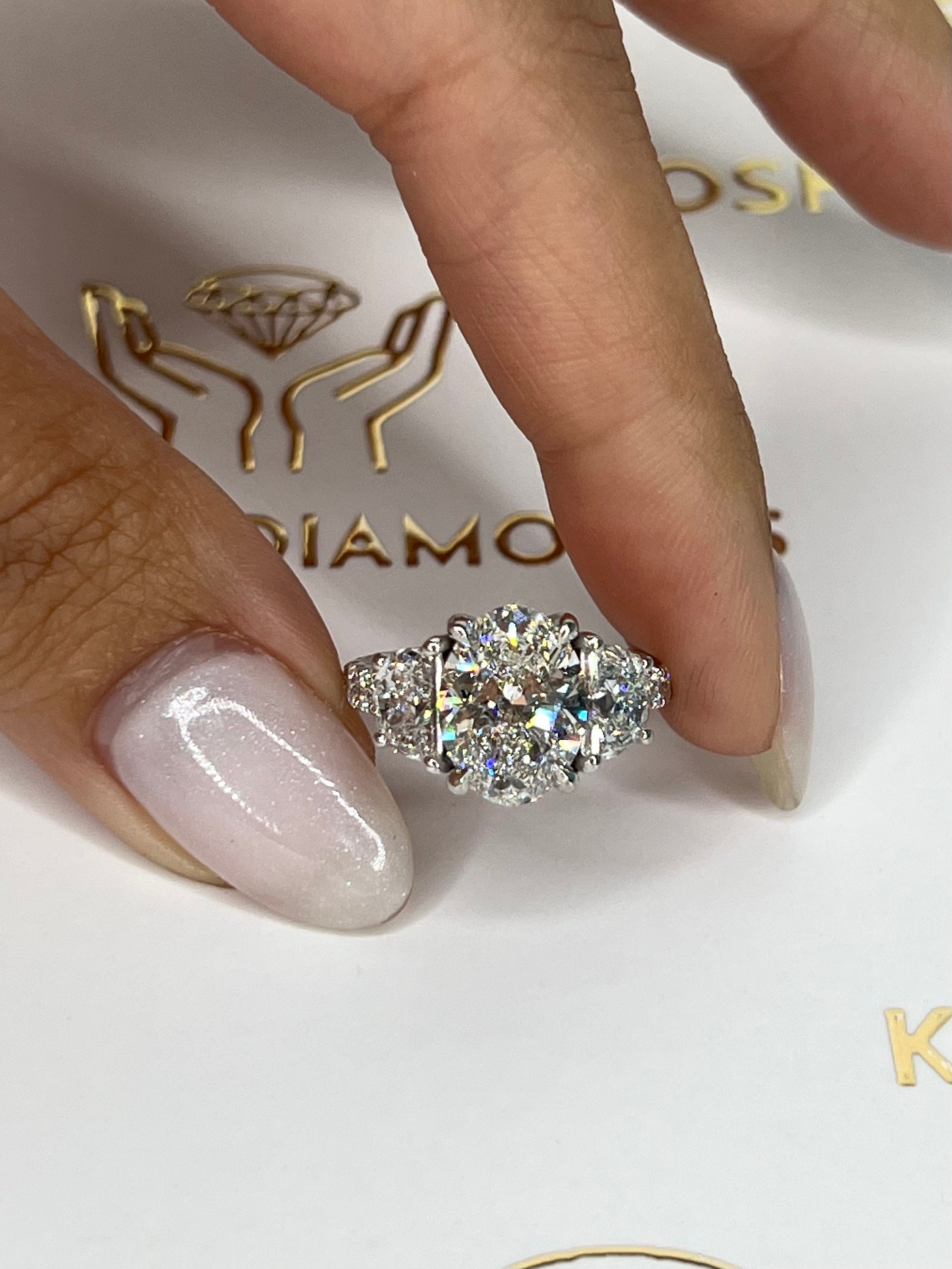 Unique Custom Design 4.20 Carat E/VVS2 IGI CERTIFIED Oval Cut Lab Grown Diamond Engagement Ring, Half Moon & Round Side Diamonds 18k Gold