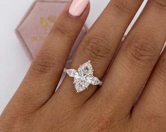 3.5 Carat E Color VVS2 Clarity IGI Certified Marquise Cut Lab Grown Diamond Engagement Ring, Side Pear & Round Cut Diamonds 14k Yellow Gold